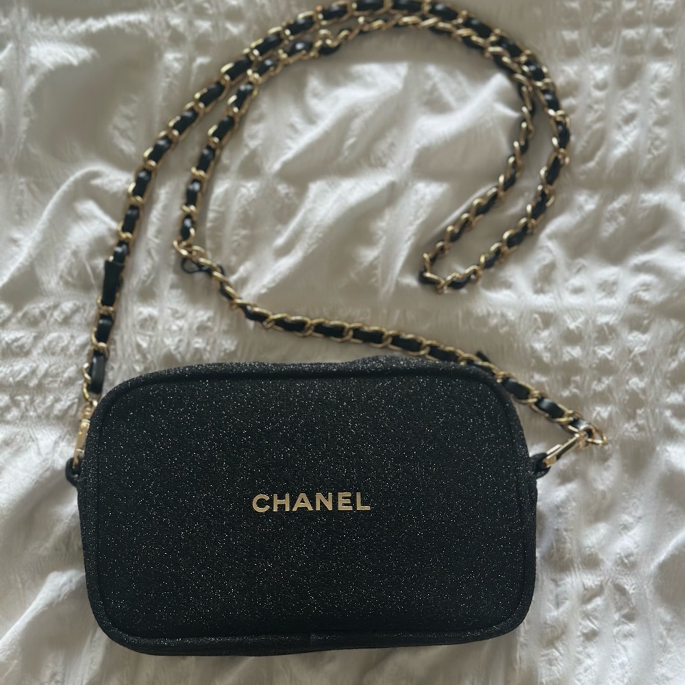Chanel Glittery Black Makeup Pouch/ Bag with Gold Accents - Picture 3 of 8